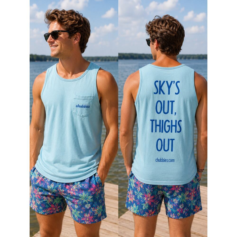 Chubbies "Sky's Out, Thighs Out" Men's Baby Blue Graphic Tank, S